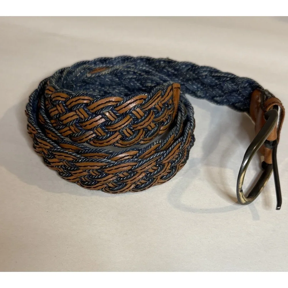 Vintage Mens Denim Blue and Brown Braided Leather Belt  Woven 34